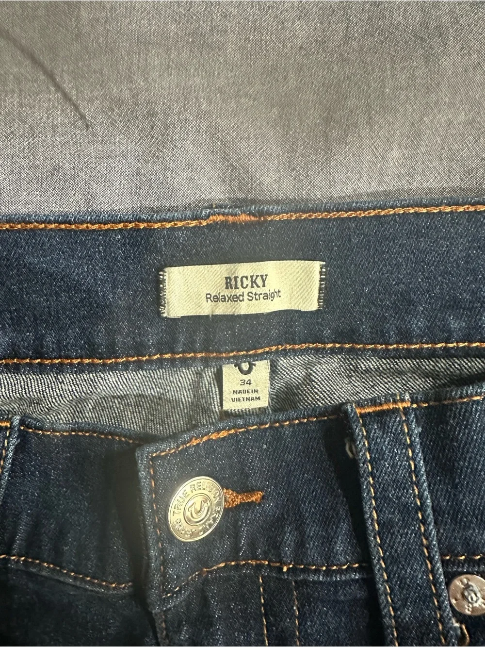True Religion Men’s Dark Blue Boot Cut Jeans with Signature Pocket Stitch
